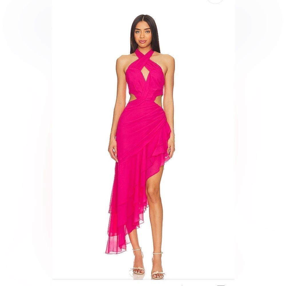 NBD Bobbie Gown midi dress Fuschia pink asymmetrical cut out Revolve SZ XL $278